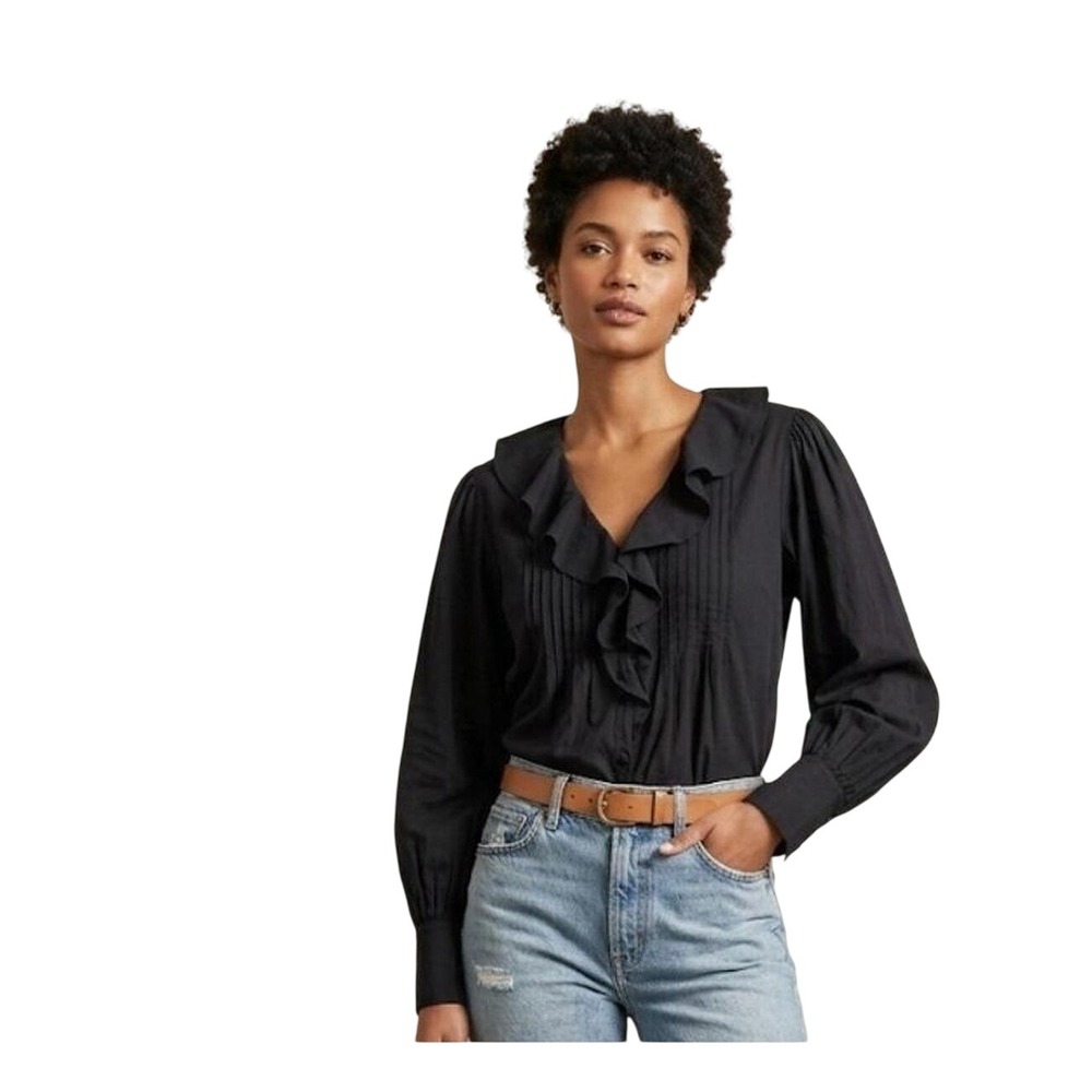 Madewell Women Long Sleeve Ruffle Blouse Shirt XXL Black Cotton Boho Whimsigoth